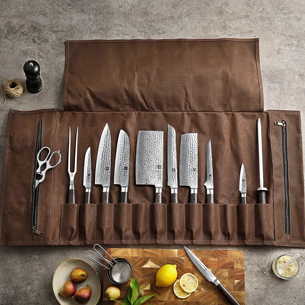 XINZUO Canvas Chef Knife Roll Bag – 12 Pockets + 2 Zipper Bags Knife Roll Bag Axl