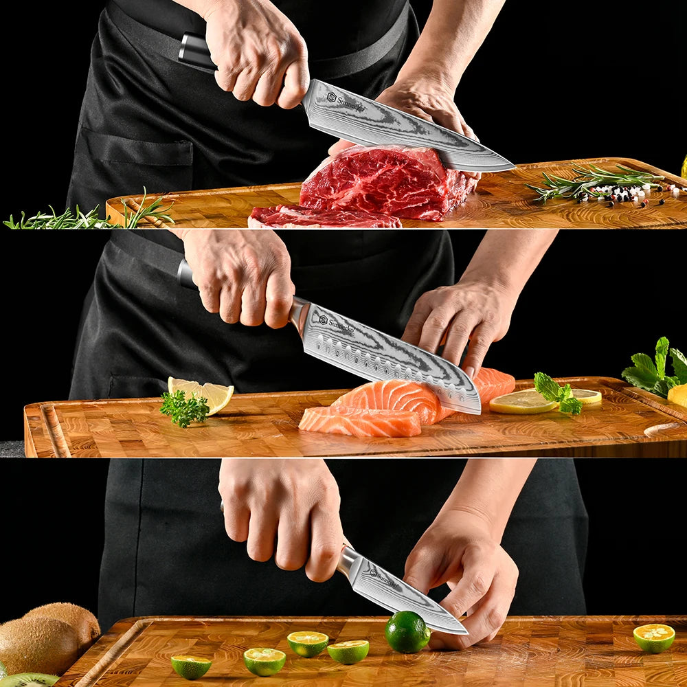 Sunnecko 3-Pc Damascus Steel Knife Set – VG10 Japanese Kitchen Damascus Kitchen Knife Set Axl
