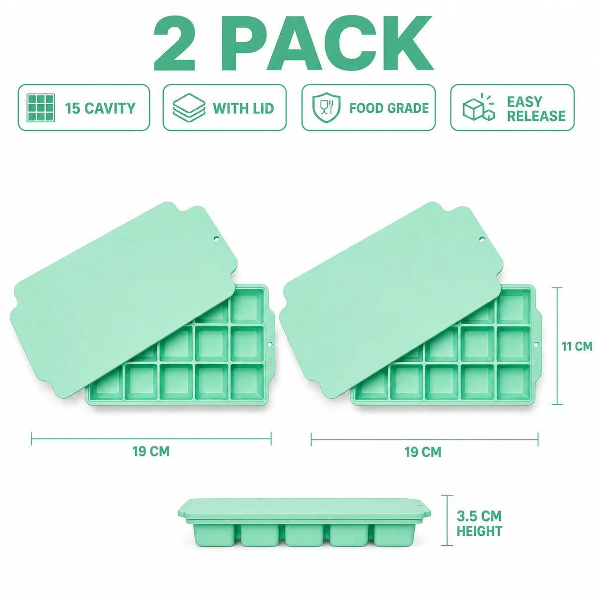 15-Grid Silicone Ice Cube Tray with Lid | Large Square Ice Mold Silicone Ice Cube Tray Axl 2 Pcs Green
