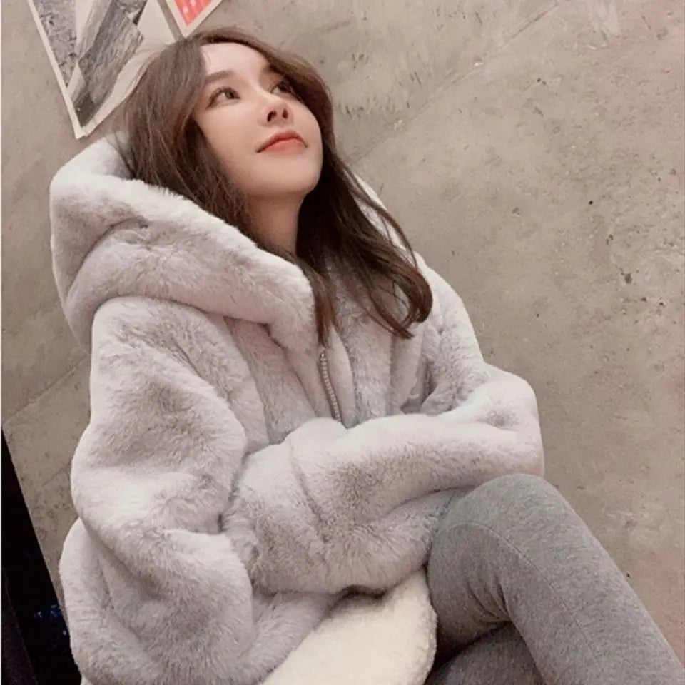 Women's Hooded Faux Fur Coat – Korean Style Plush Fleece Faux Fur Coat Axl