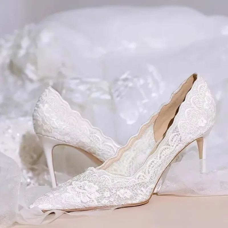 Women's White Lace Stiletto Heels | Bridal Wedding Pumps Lace Stiletto Pumps Axl