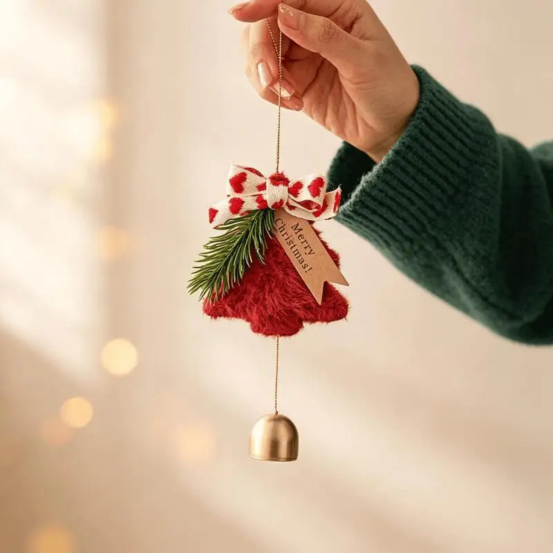 Plush Christmas Tree Ornament with Bow & Brass Bells | Xmas Décor Christmas Ornament Axl A2