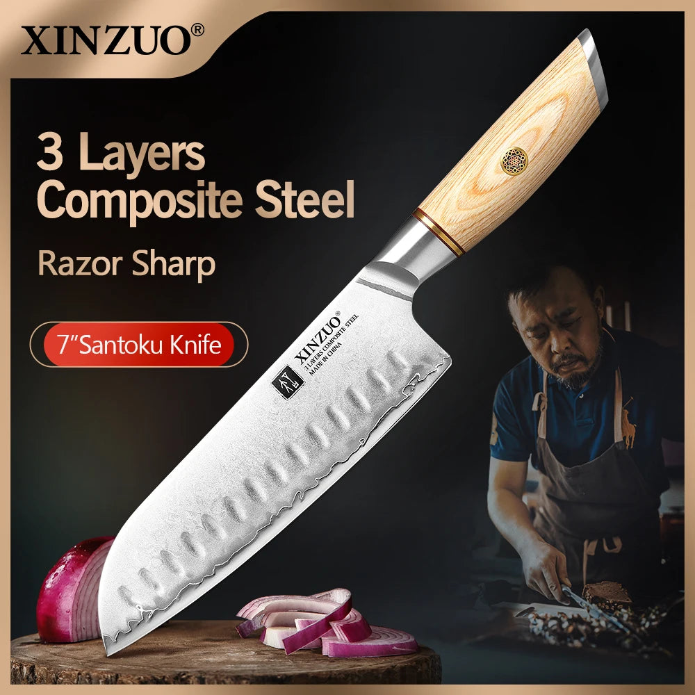 XINZUO 7" Santoku Knife | 3-Layer Steel & Pakkawood Handle Santoku Knife Axl 8.5 inch