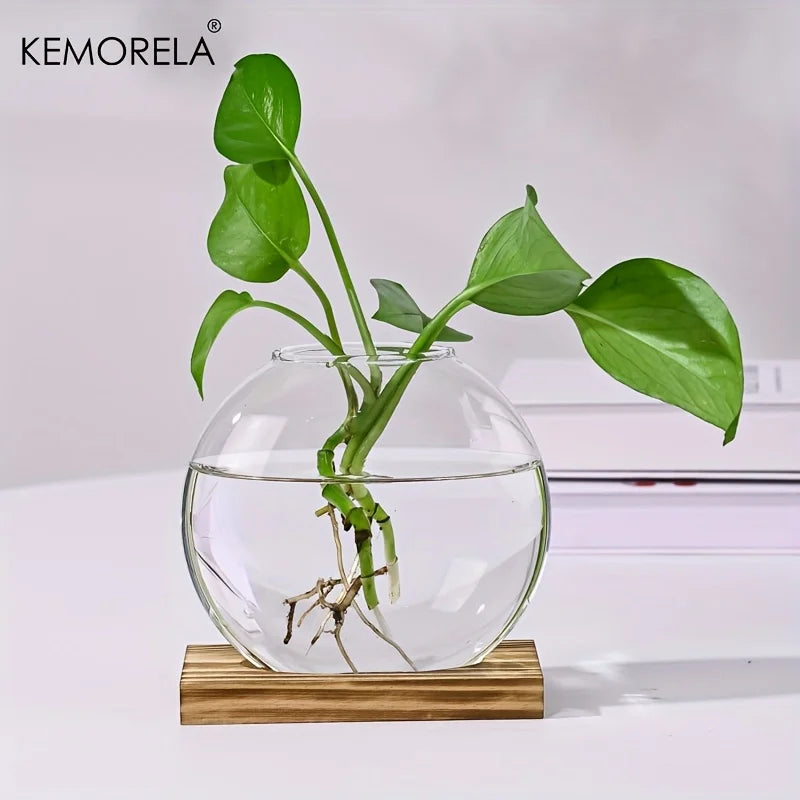 Hydroponic Glass Planter with Wood Stand | Desk Decor Vase Glass Hydroponic Planter Axl