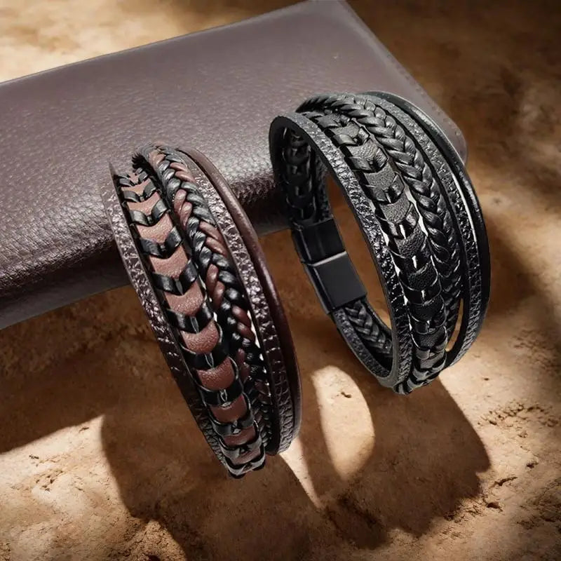 Men's Multilayer Braided Leather Wrap Bracelet | Magnetic Buckle Leather Wrap Bracelet Axl