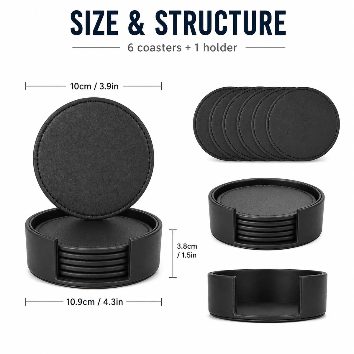PU Leather Drink Coaster Set of 6 with Holder – Heat Resistant Drink Coaster Set Axl