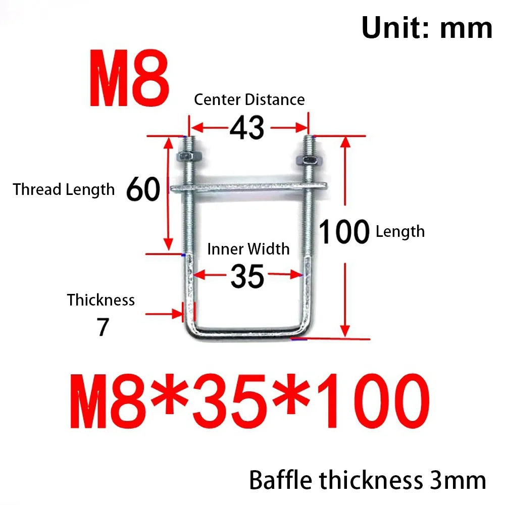 M8 Square Tube U-Clamp | Galvanized Q235 Carbon Steel + Baffle Tube Clamp Axl M8x35x100mm