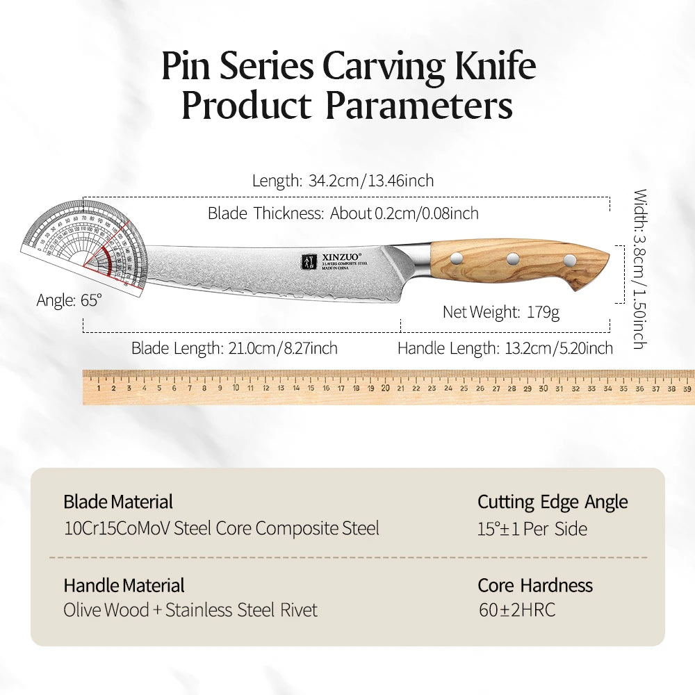 XINZUO 8.27" Damascus Carving Knife | Olive Wood Handle & Gift Box Carving Knife Axl