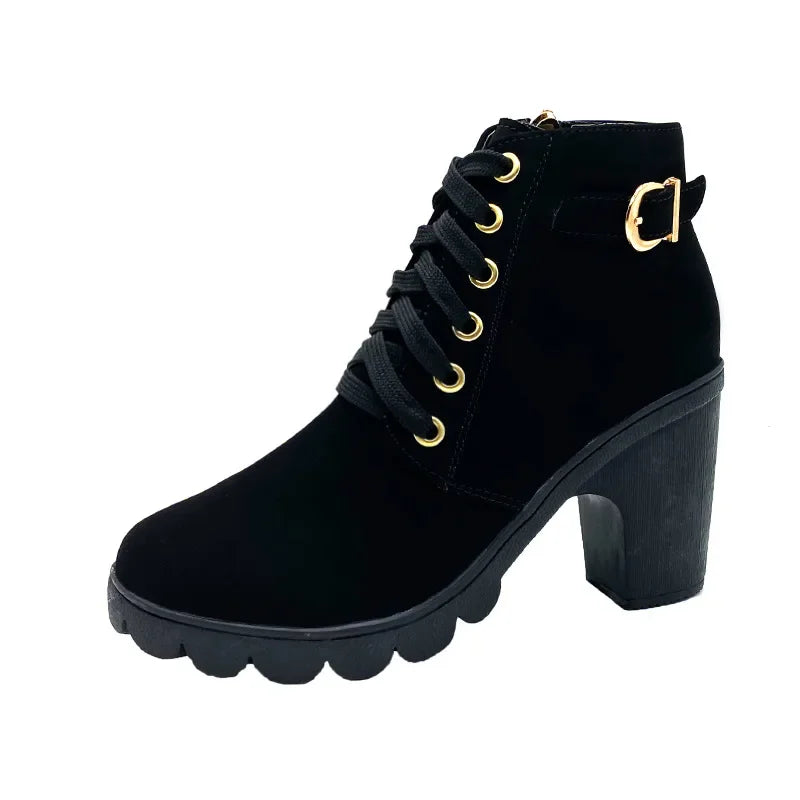 Women's Lace-Up Platform Ankle Boots | Square Heel Plus Size Platform Ankle Boots Axl Black 35