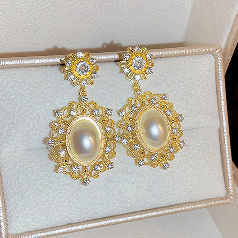 Huitan Gold Simulated Pearl Dangle Earrings | Bridal Wedding Pearl Dangle Earrings Axl