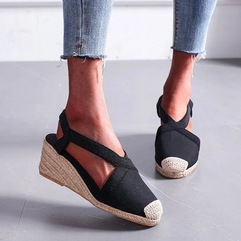 Women's Retro Straw Wedge Platform Sandals | Fisherman Style Wedge Platform Sandals Axl black 42