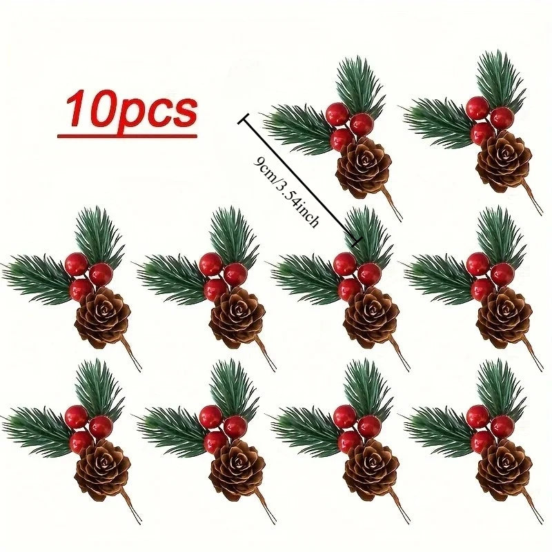 10-Pc Artificial Pine Cones & Red Berries – Christmas Decor Holiday Decoration Set Axl Green Red-10pcs