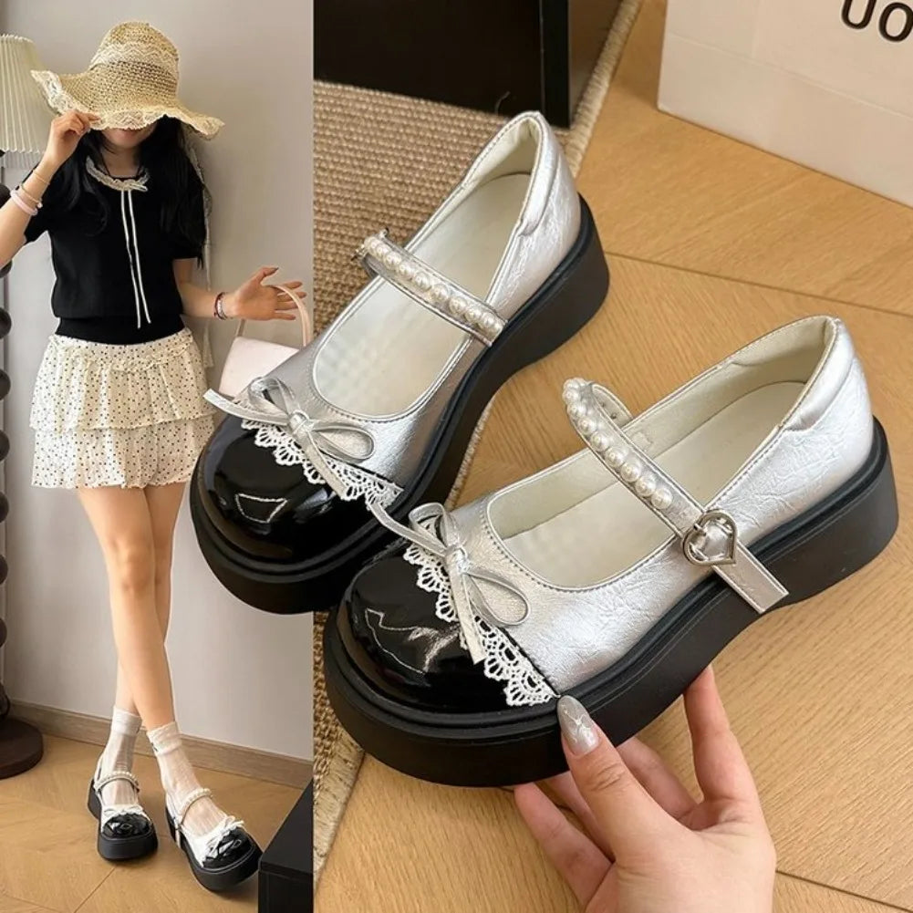 Women's Retro Silver Mary Jane Flats – Thick Soft Sole Shoes Mary Jane Flats Axl