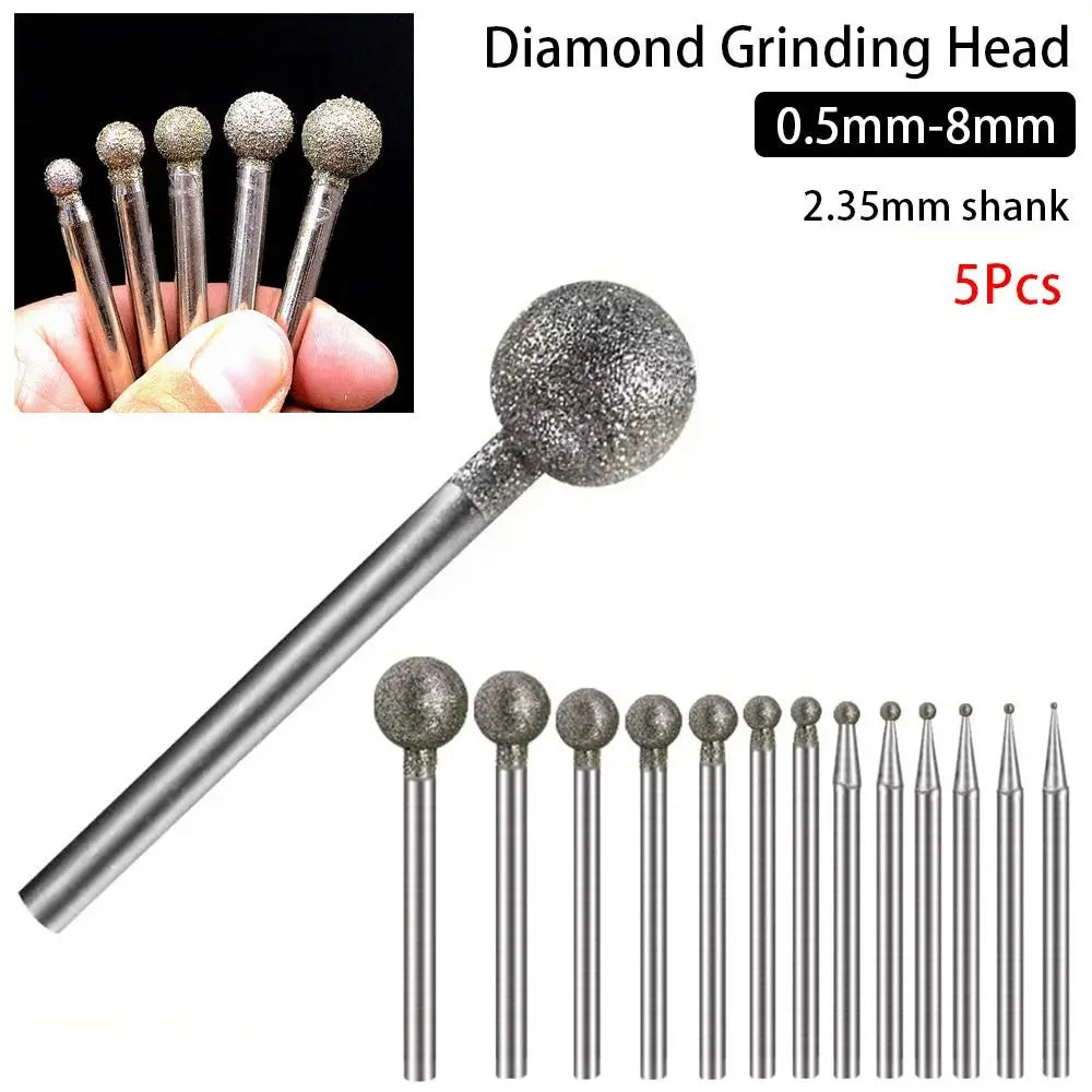 5-Pc Diamond Spherical Burr Set – 2.35mm Shank, 0.5–8mm Diamond Grinding Burr Axl