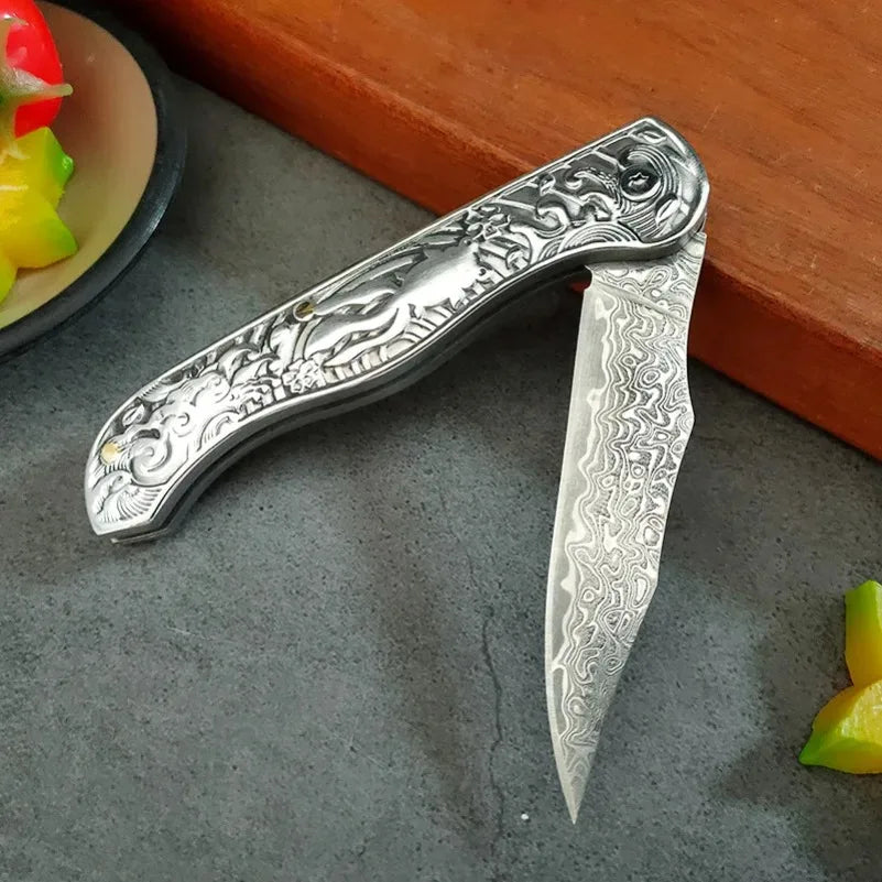 InLeung Damascus Steel Folding Kitchen Knife – 8" Multipurpose Folding Kitchen Knife Axl