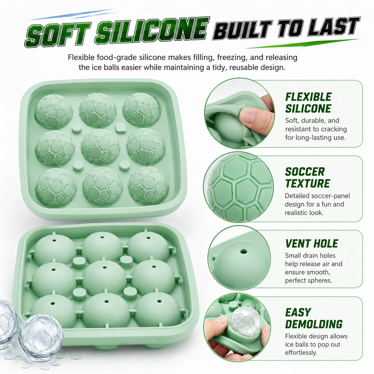3D Soccer Ball Silicone Ice Mold – 9-Cavity Football Sphere Tray Silicone Ice Mold Axl