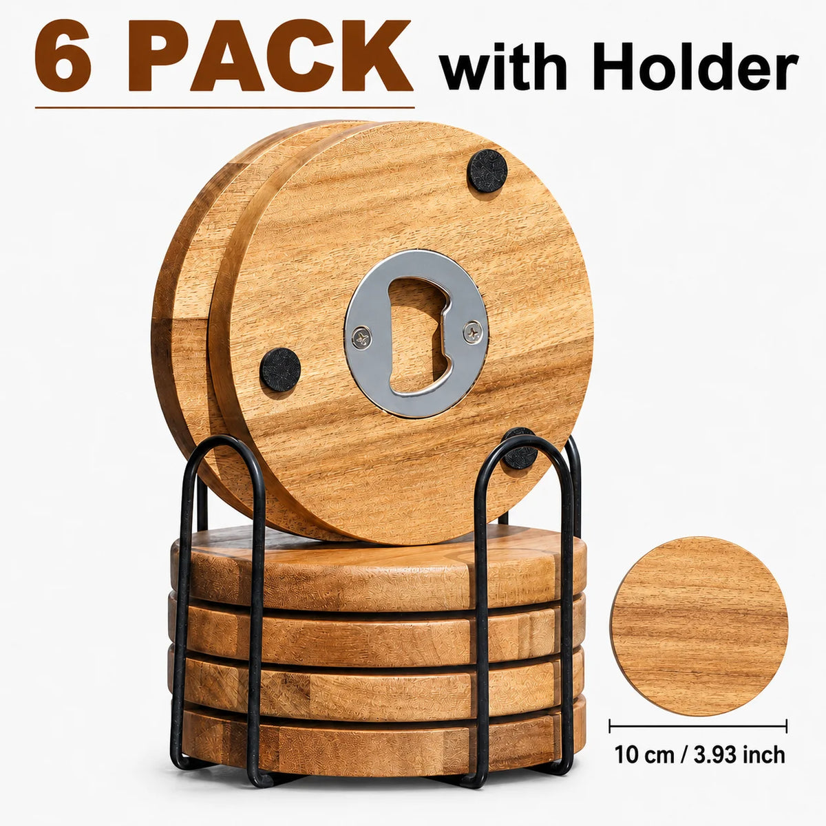 Wooden Coaster with Bottle Opener 2-in-1 | 6 or 8 Pack Bar Coaster Set Axl 6 PACK with Holder