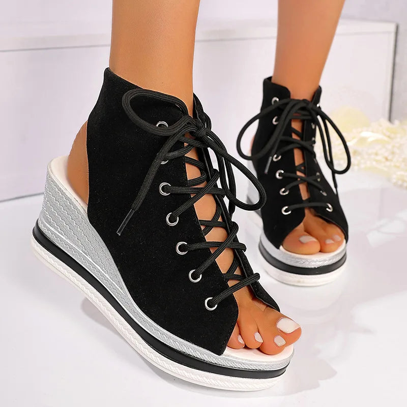 Women's Leopard Print Wedge Sandals – Open Toe Lace-Up Wedge Sandals Axl