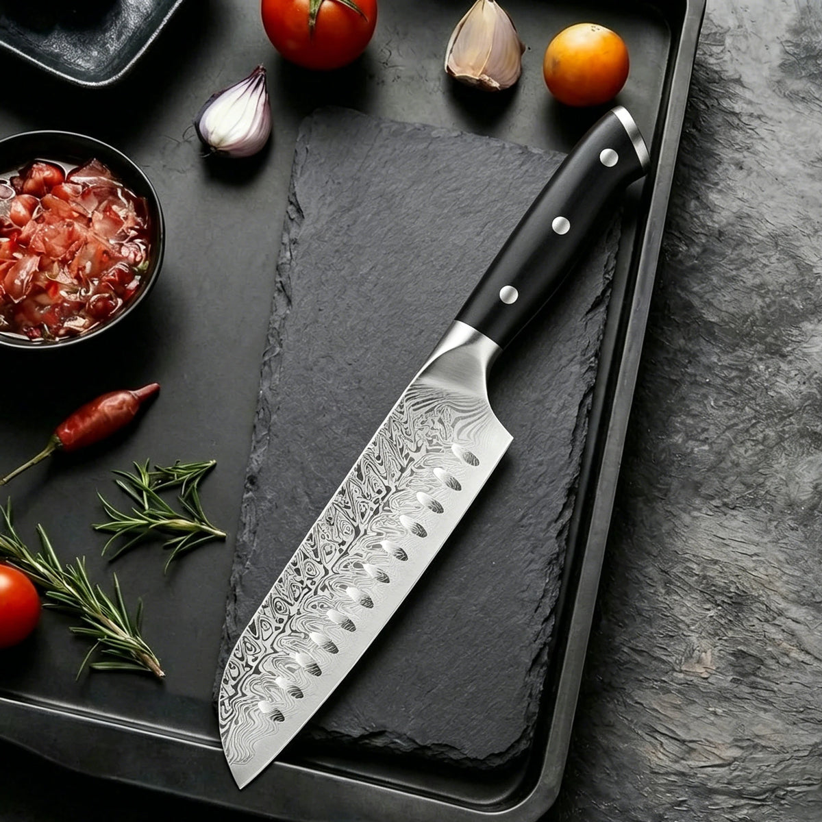 Damascus Steel Santoku Knife – Sharp Japanese Kitchen Cleaver Damascus Kitchen Knife Axl