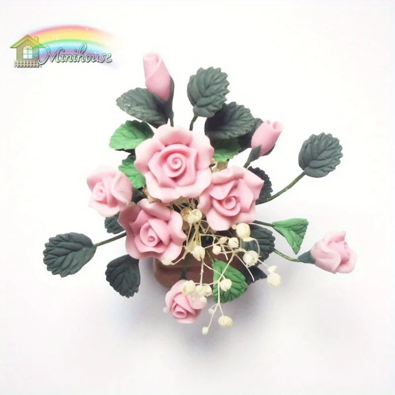 1/12 Scale Mini Clay Rose Potted Plant | Dollhouse Miniature Dollhouse Miniature Axl