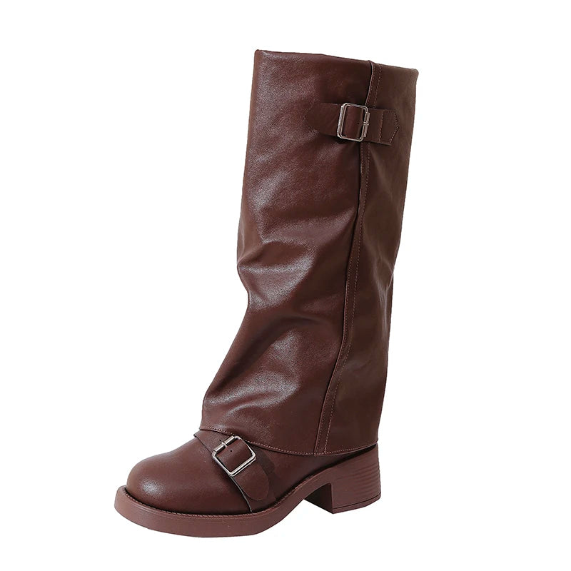 Women's Knee High Boots – Thick Square Heel & Belt Buckle Knee High Boots Axl
