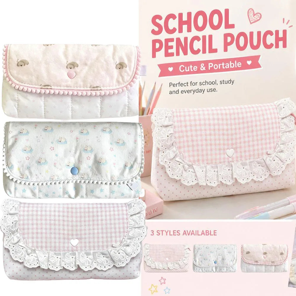 Pink Lace Pencil Case | Large Capacity Polka Dot Pen Bag Pencil Case Axl
