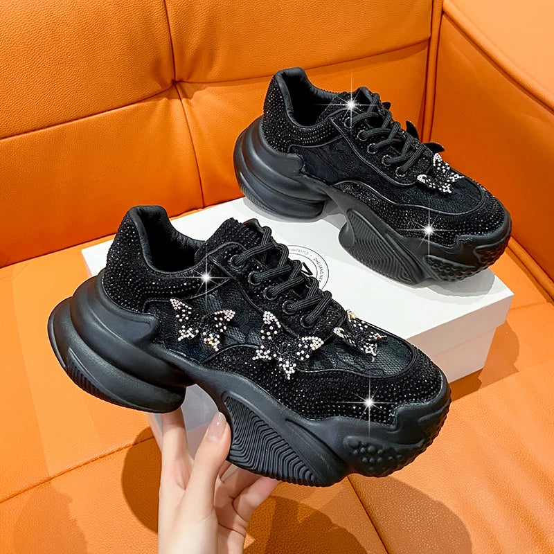 Women's Platform Sneakers – Butterfly Bling Lace-Up Casual Shoe Platform Sneakers Axl black 36