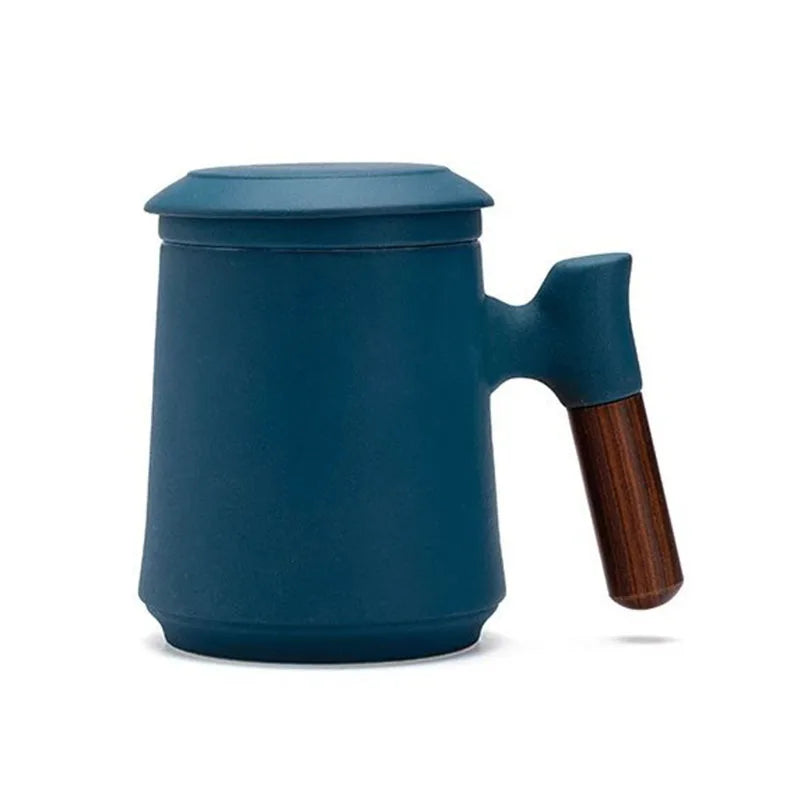 Ceramic Bubble Tea Mug with Lid & Wood Handle – 400ml Ceramic Tea Mug Axl 301-400ml Blue