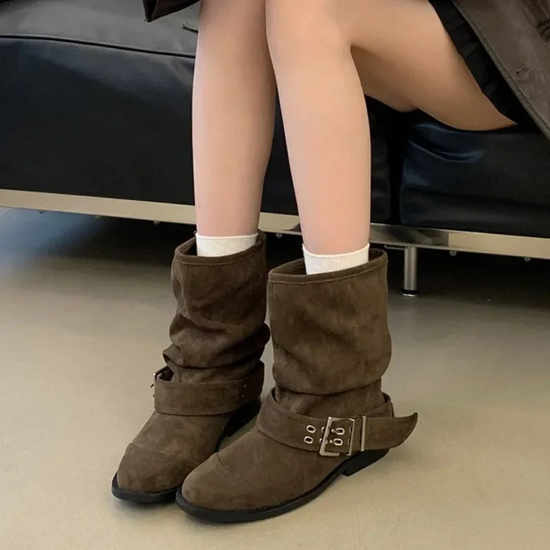 Women's Vintage Buckle Ankle Boots – Low Heel Round Toe Women's Ankle Boots Axl