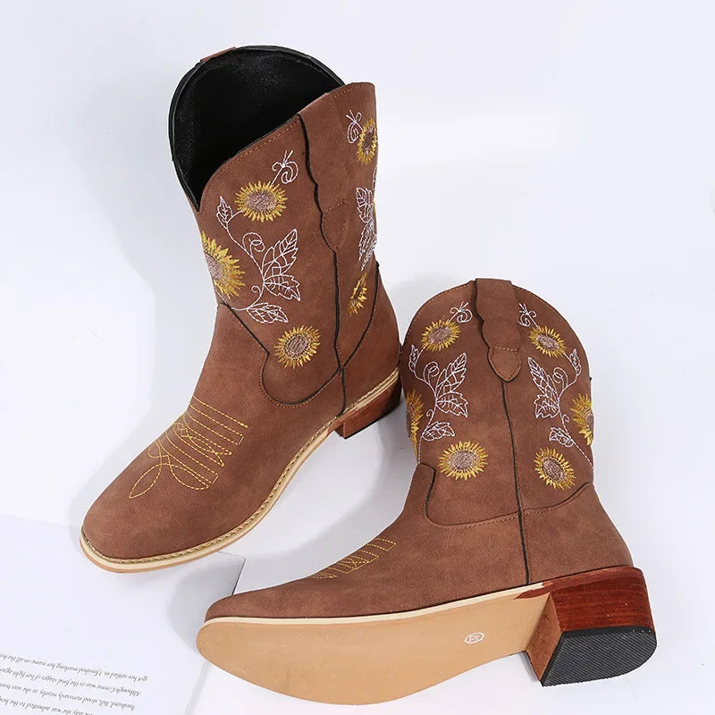 Women's Embroidered Floral Mid-Calf Western Cowboy Boots Western Cowboy Boots Axl