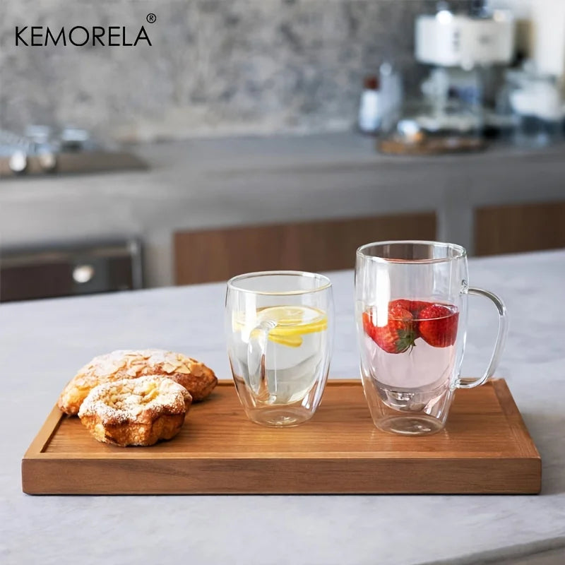 KEMORELA 350ml Double Wall Glass Coffee Mugs with Handle | 2/4/6pc Glass Coffee Mugs Axl