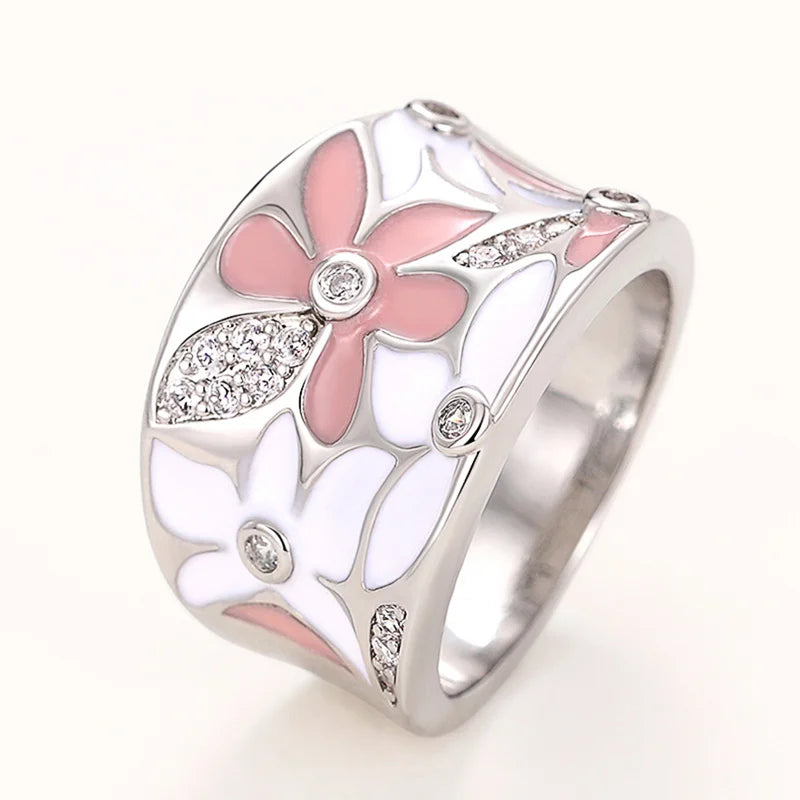 Huitan Enamel Flower Ring for Women | CZ Floral Fashion Ring Enamel Fashion Ring Axl