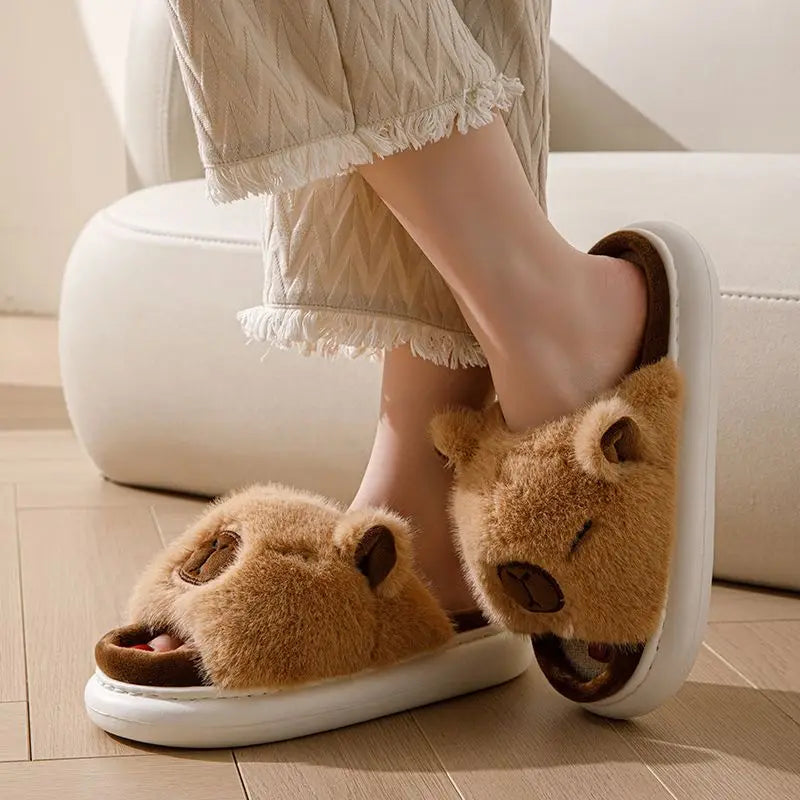 Women's Fluffy Faux Fur Animal Slippers – Open Toe Indoor Slides Faux Fur Slippers Axl