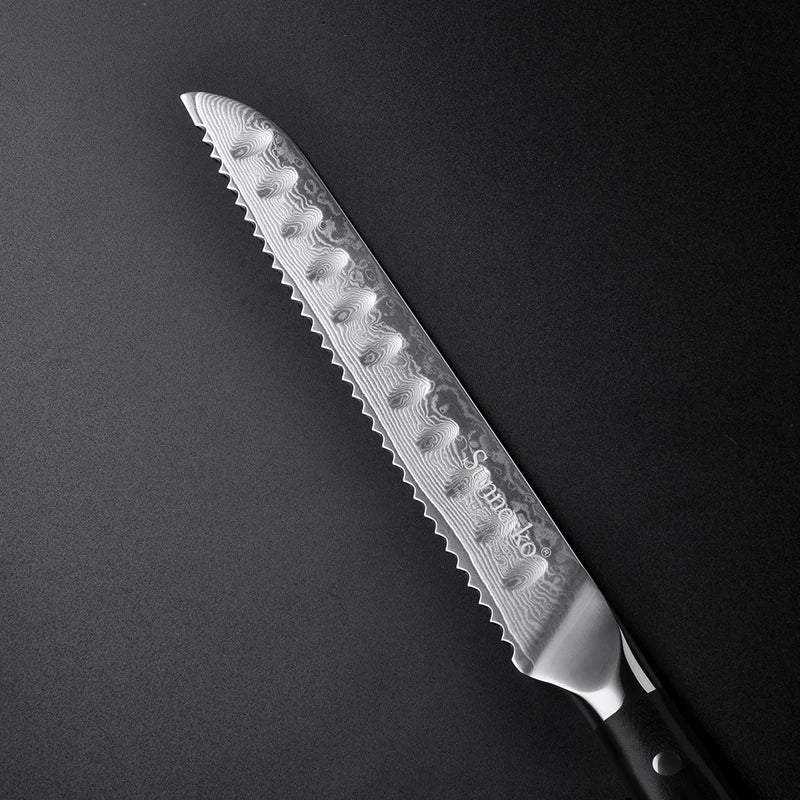 Sunnecko 8" Damascus Steel Serrated Bread Knife – VG10 Core Serrated Bread Knife Axl