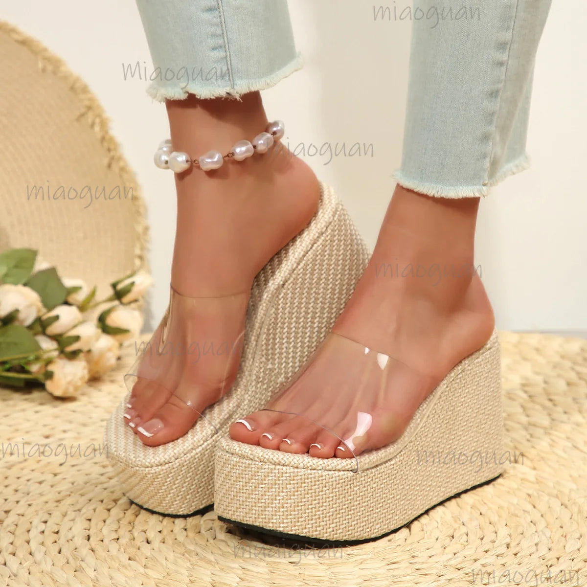 Women's Wedge Platform Sandals | PVC Transparent Strap & Hemp Rope Wedge Platform Sandals Axl