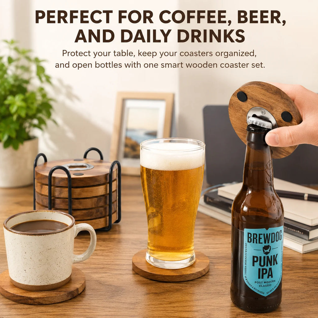 Wooden Coaster with Bottle Opener 2-in-1 | 6 or 8 Pack Bar Coaster Set Axl