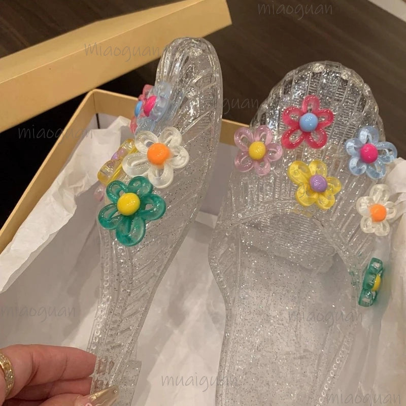 Women's Crystal Jelly Sandals – Floral Transparent Beach Slides Women's Jelly Sandals Axl