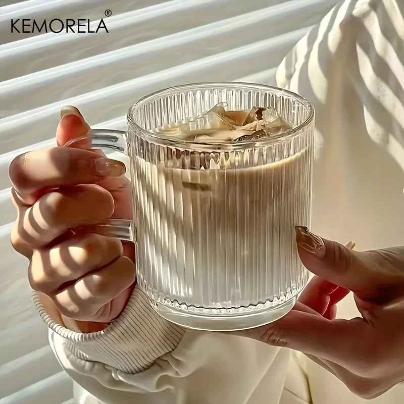 KEMORELA 350ml Vertical Grain Glass Coffee Cup with Handle Glass Coffee Cup Axl