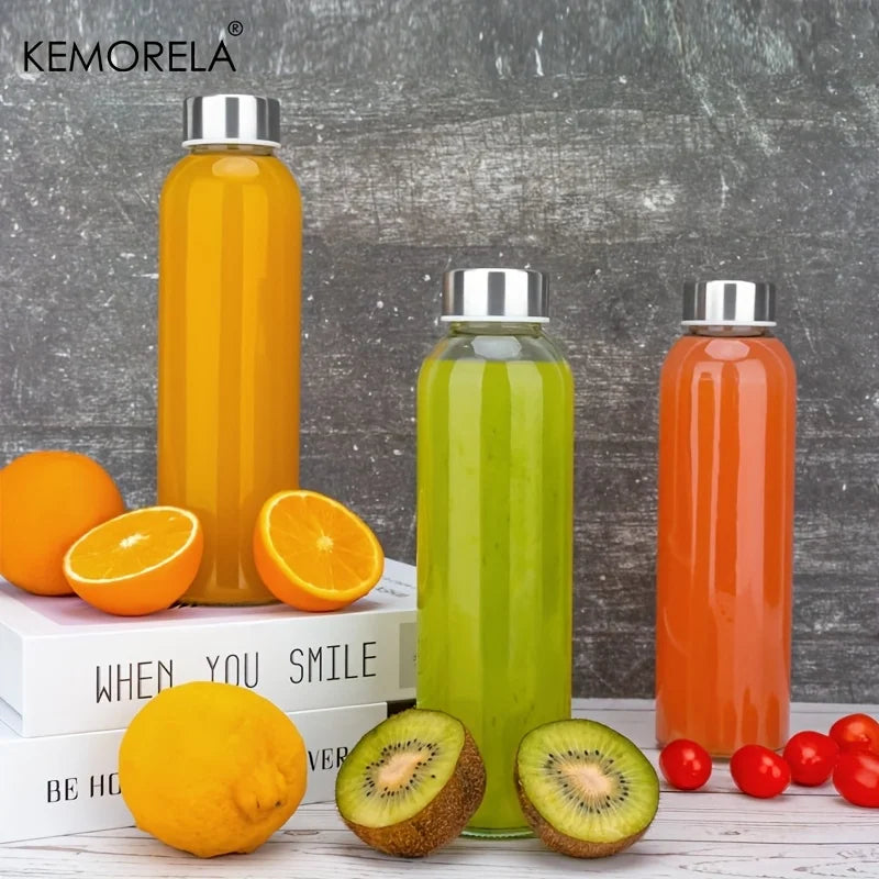 KEMORELA 530ml Clear Glass Bottles with Stainless Steel Lids 3/4/6pk Glass Water Bottles Axl