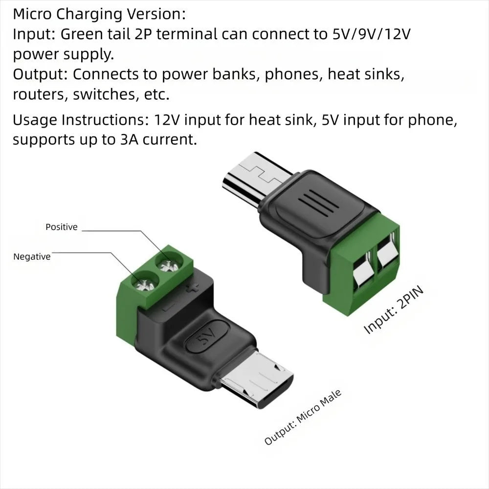 USB-C to 2-Pin Screw Terminal Adapter | 5V 3A Solderless Plug USB Terminal Adapter Axl Micro-Male Charging