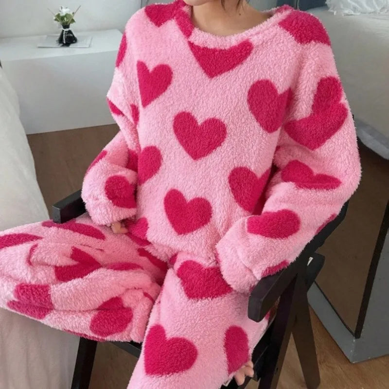Women's Pink Heart Coral Fleece Pajama Set – Warm 2Pc Loungewear Pajama Set Axl