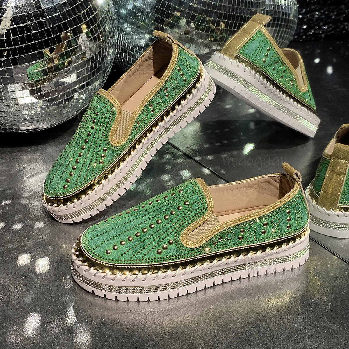 Women's Rhinestone Flat Loafers – Thick Sole Slip-On Sneakers Flat Loafer Sneakers Axl