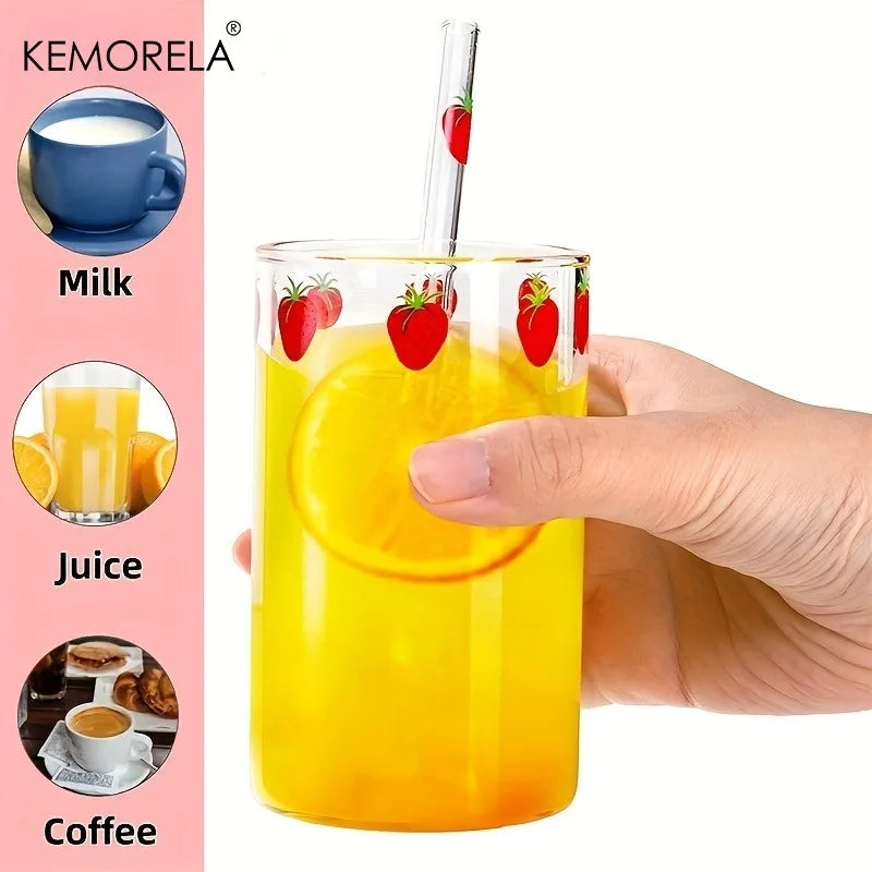 Cute Strawberry Glass Cup with Straw 300ml | KEMORELA Mug Glass Drinkware Axl