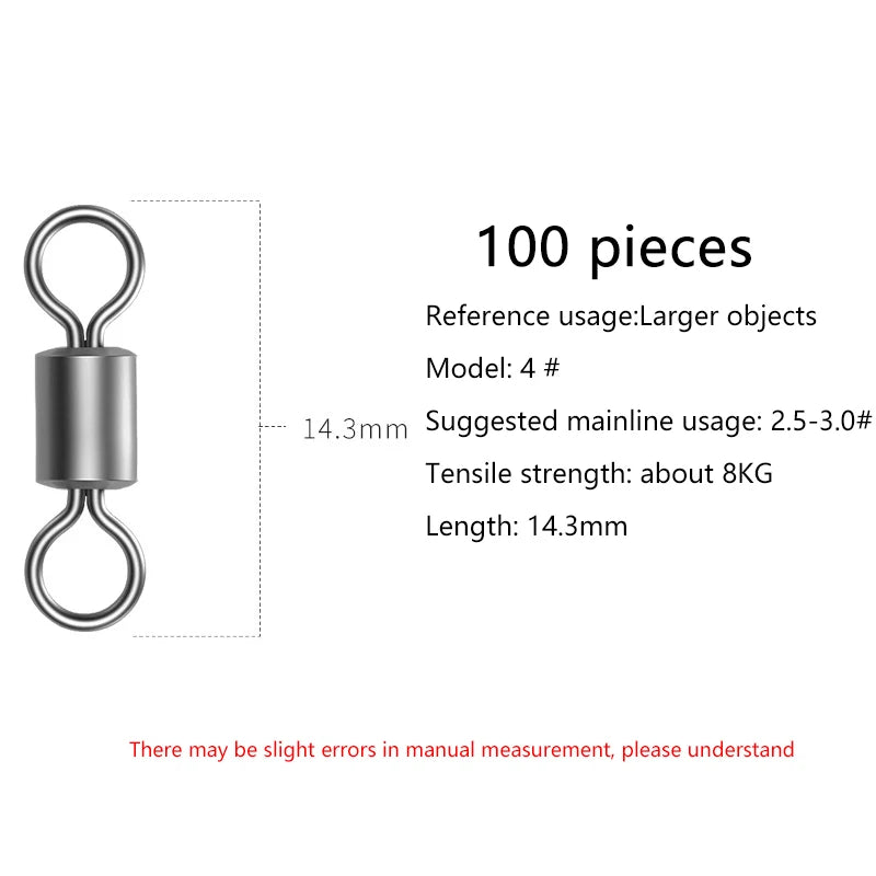 100 Pcs Stainless Steel Rolling Fishing Swivels | Line Connector Fishing Swivels Axl Size 4 100Pcs