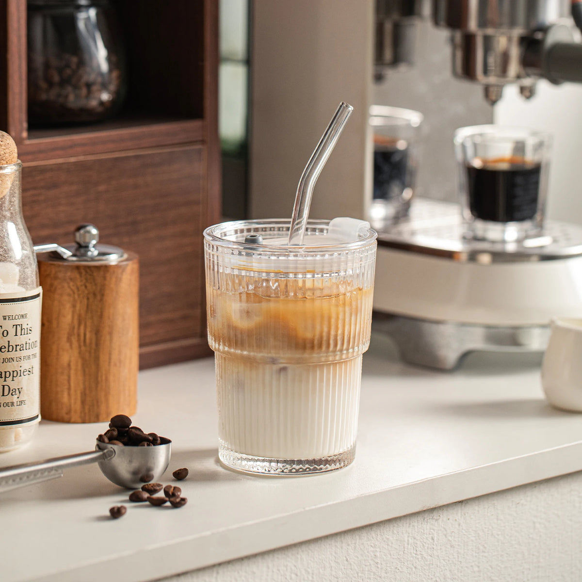 450ml Striped Glass Cups with Lid & Straw | Set of 1 or 2 Glass Drinking Cup Axl