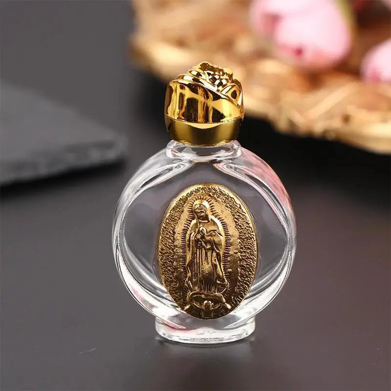Holy Water Glass Bottle – Christian Virgin & Rose Cross Design Religious Glass Bottle Axl Gold