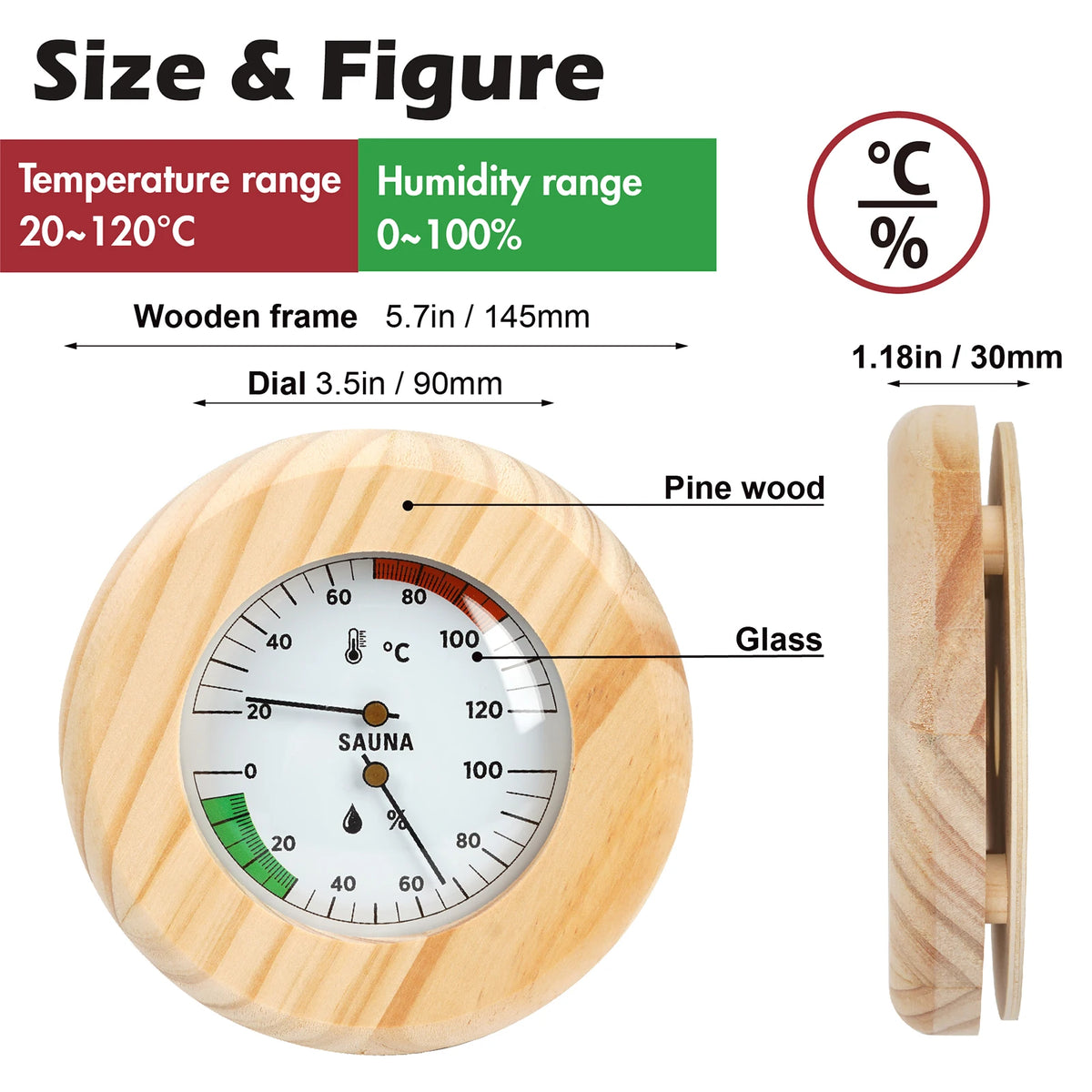 2-in-1 Wooden Sauna Thermometer & Hygrometer | Round Dial Sauna Thermometer Hygrometer Axl