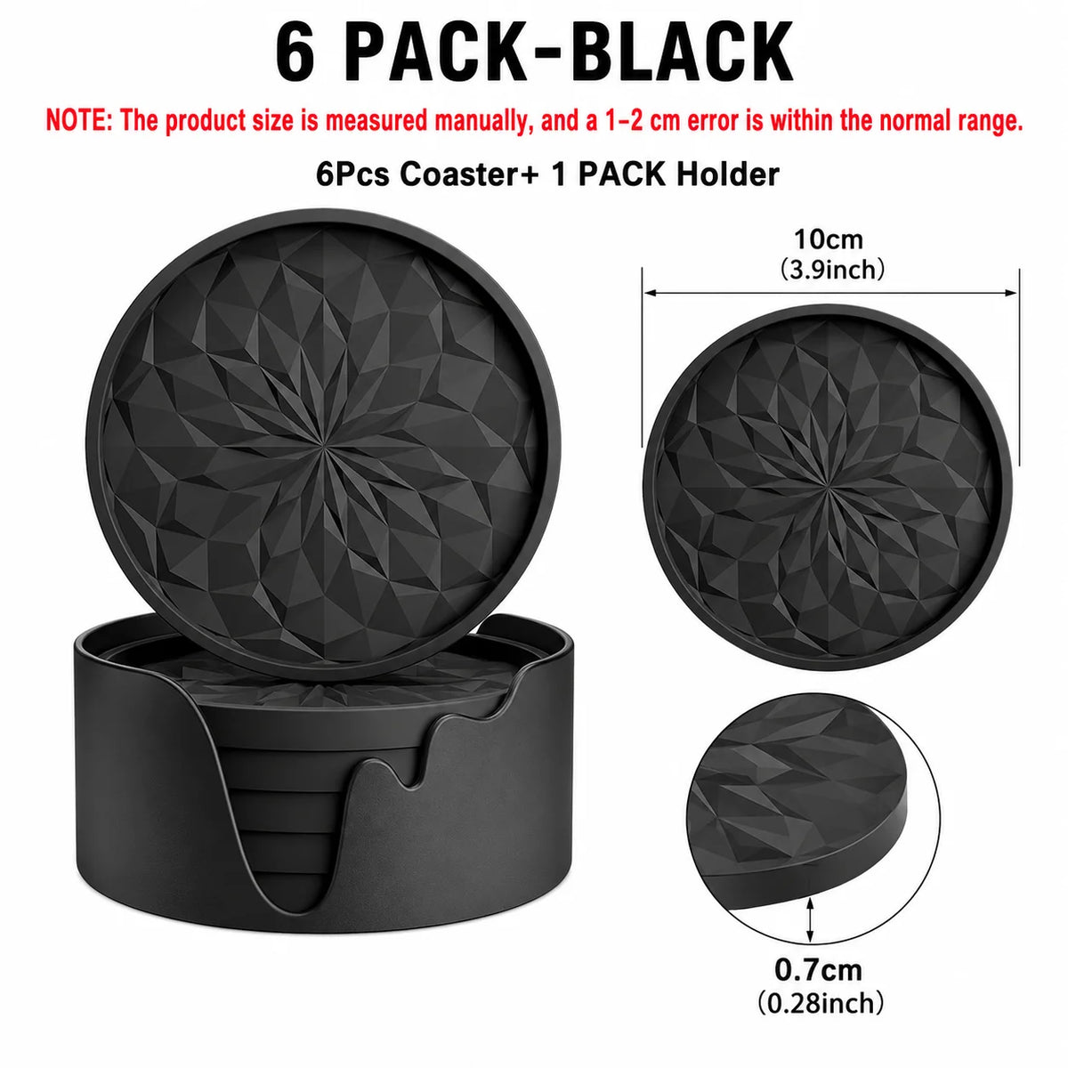 6-Piece Silicone Coasters with Holder – Non-Slip & Heat Safe Silicone Coaster Set Axl 6 PACK-Black