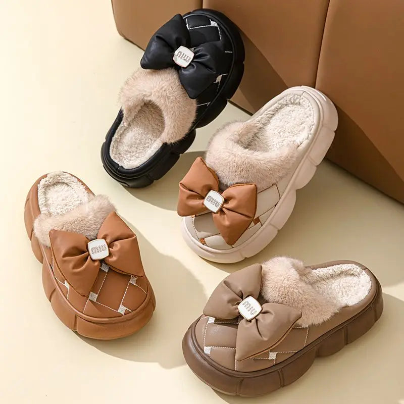 Women's Plush Faux Fur Bow Slippers – Warm Indoor Slides Women's Indoor Slippers Axl