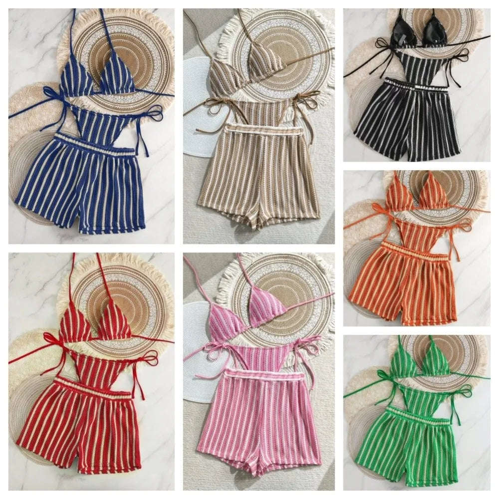 3-in-1 Lace-Up Deep-V Bikini Set – Striped Women's Swimsuit Women's Swimwear Set Axl